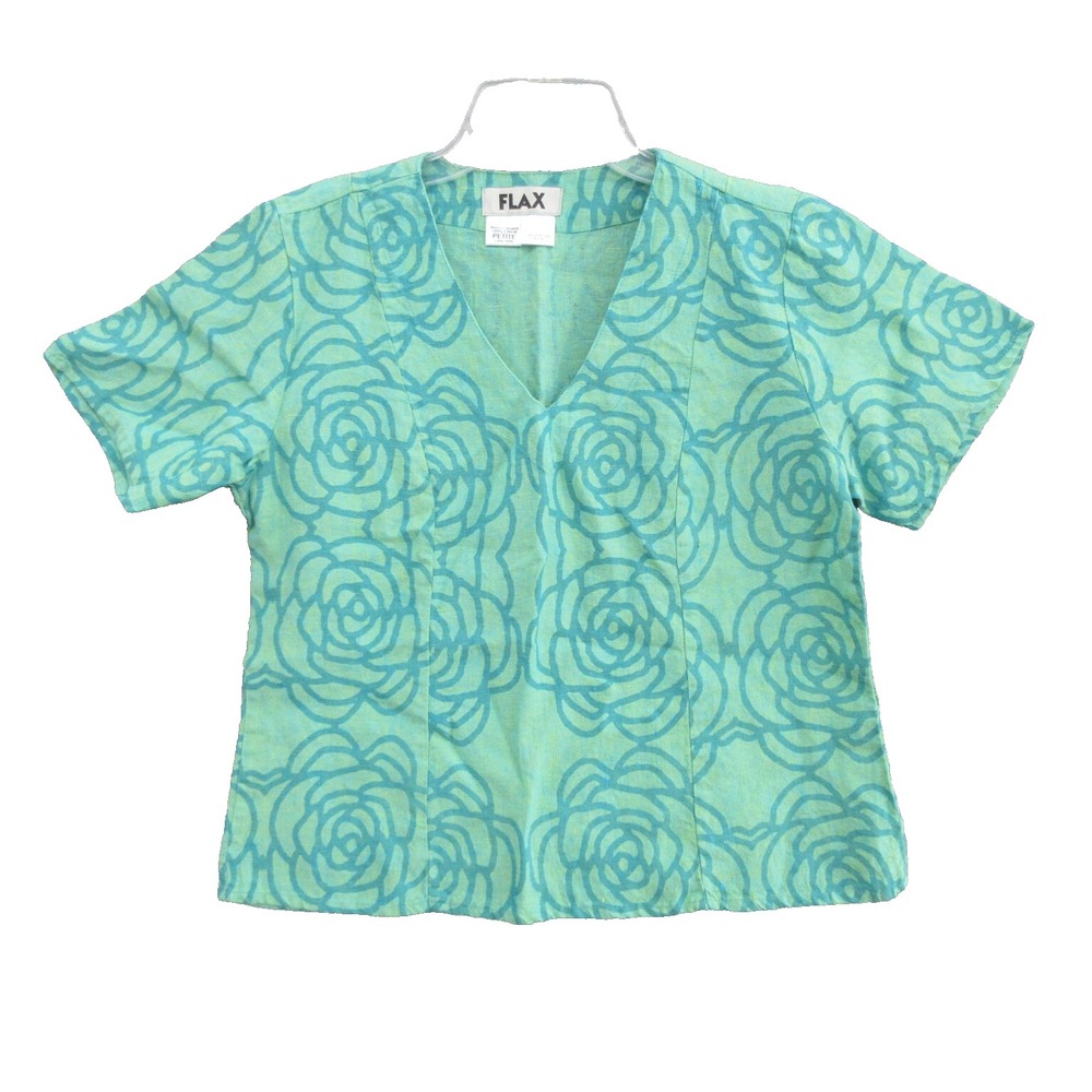 FLAX Designs Linen XS Pullover V-Neck Floral Printed Short Sleeve New